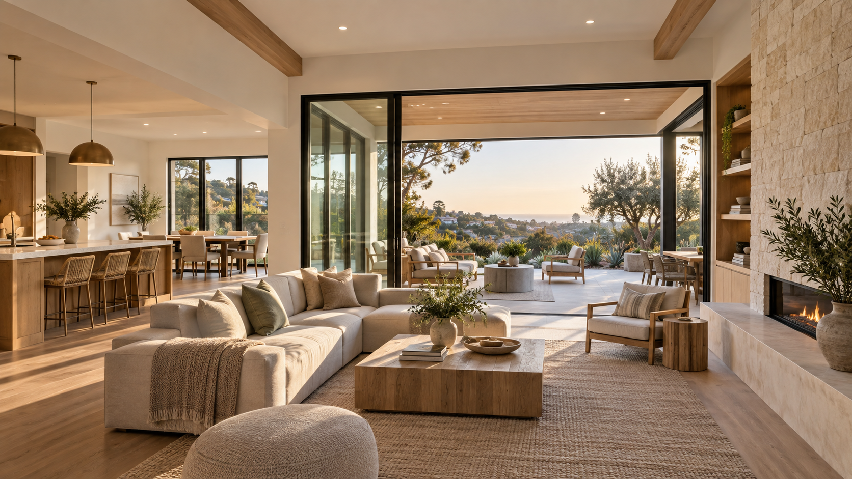 Contemporary Southern California home renovation with natural wood and stone finishes