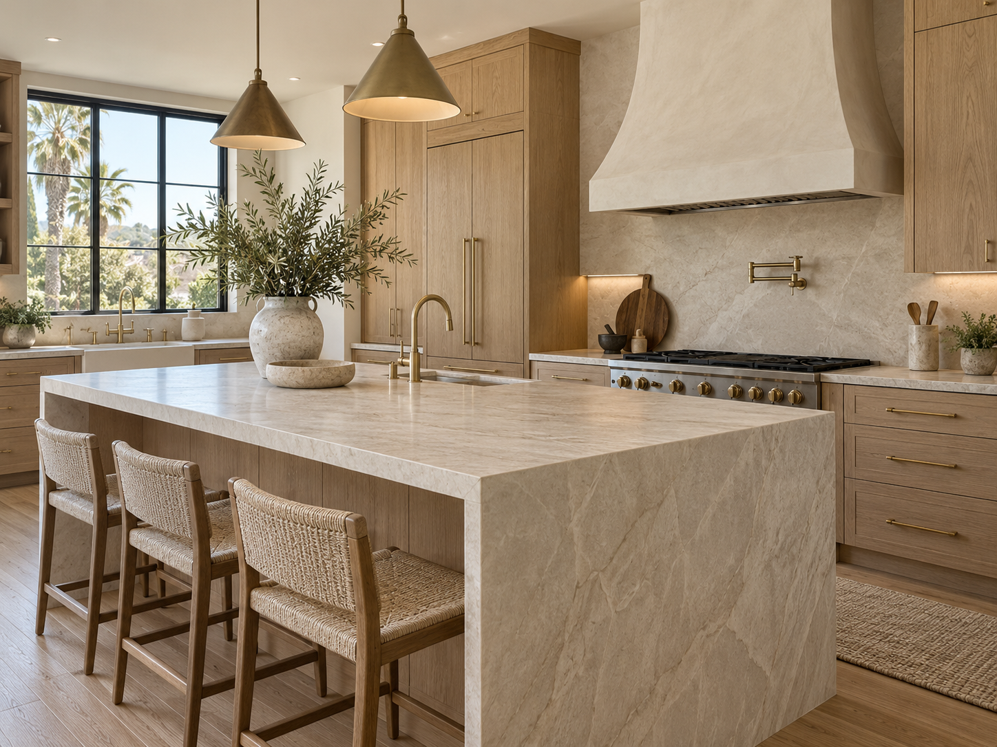 Detailed kitchen remodel featuring warm wood cabinetry, stone counters and refined lighting