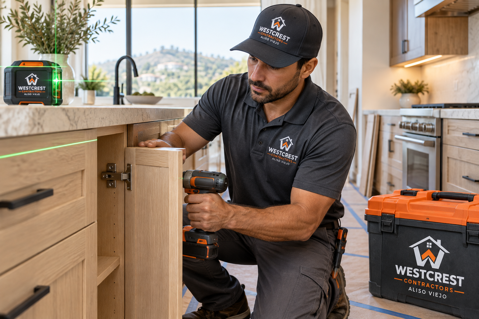 Westcrest technician with branded shirt, hat and equipment installing cabinetry in an Aliso Viejo kitchen