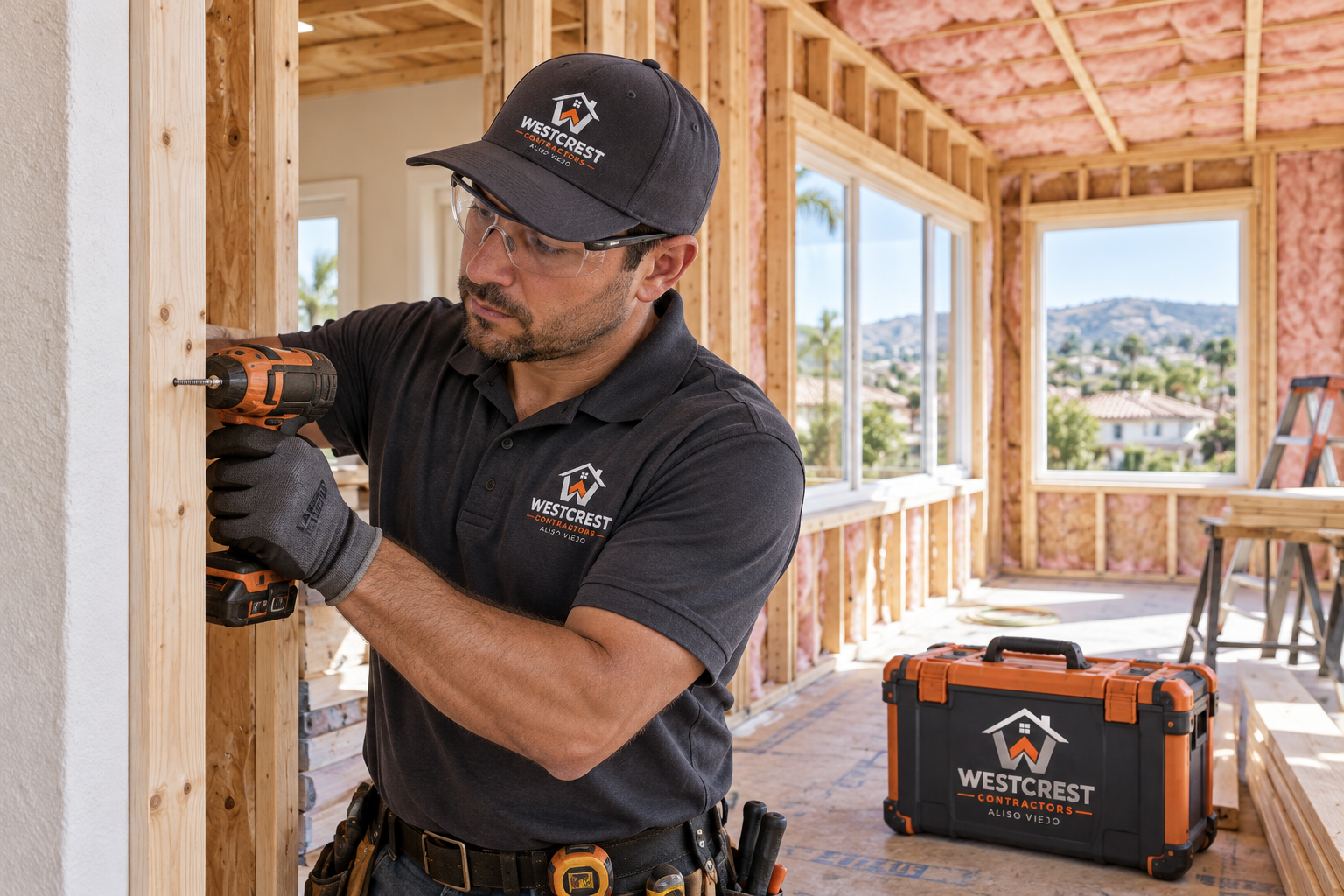 Westcrest technician with branded shirt, hat and equipment framing a residential room addition in Aliso Viejo