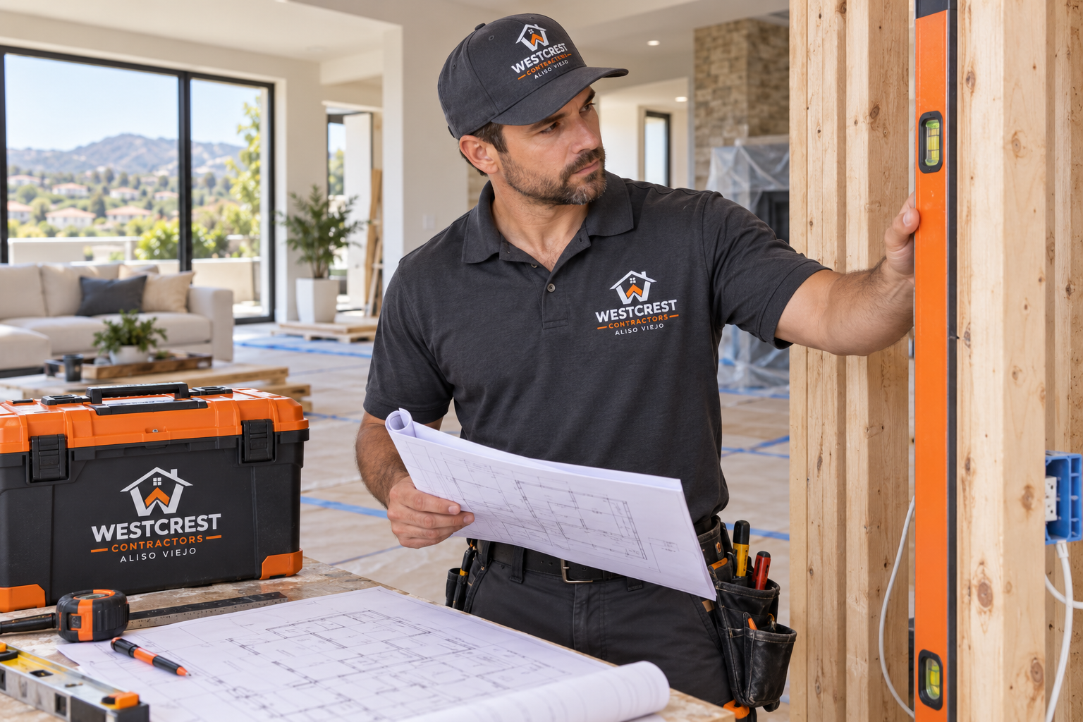 Westcrest technician with branded shirt, hat and equipment reviewing plans and framing during an Aliso Viejo whole-home remodel