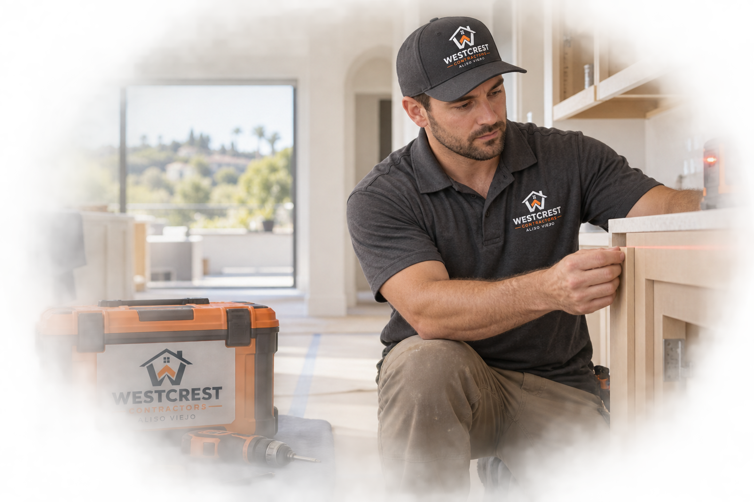 Westcrest residential remodeling technician installing kitchen cabinetry in an Aliso Viejo home